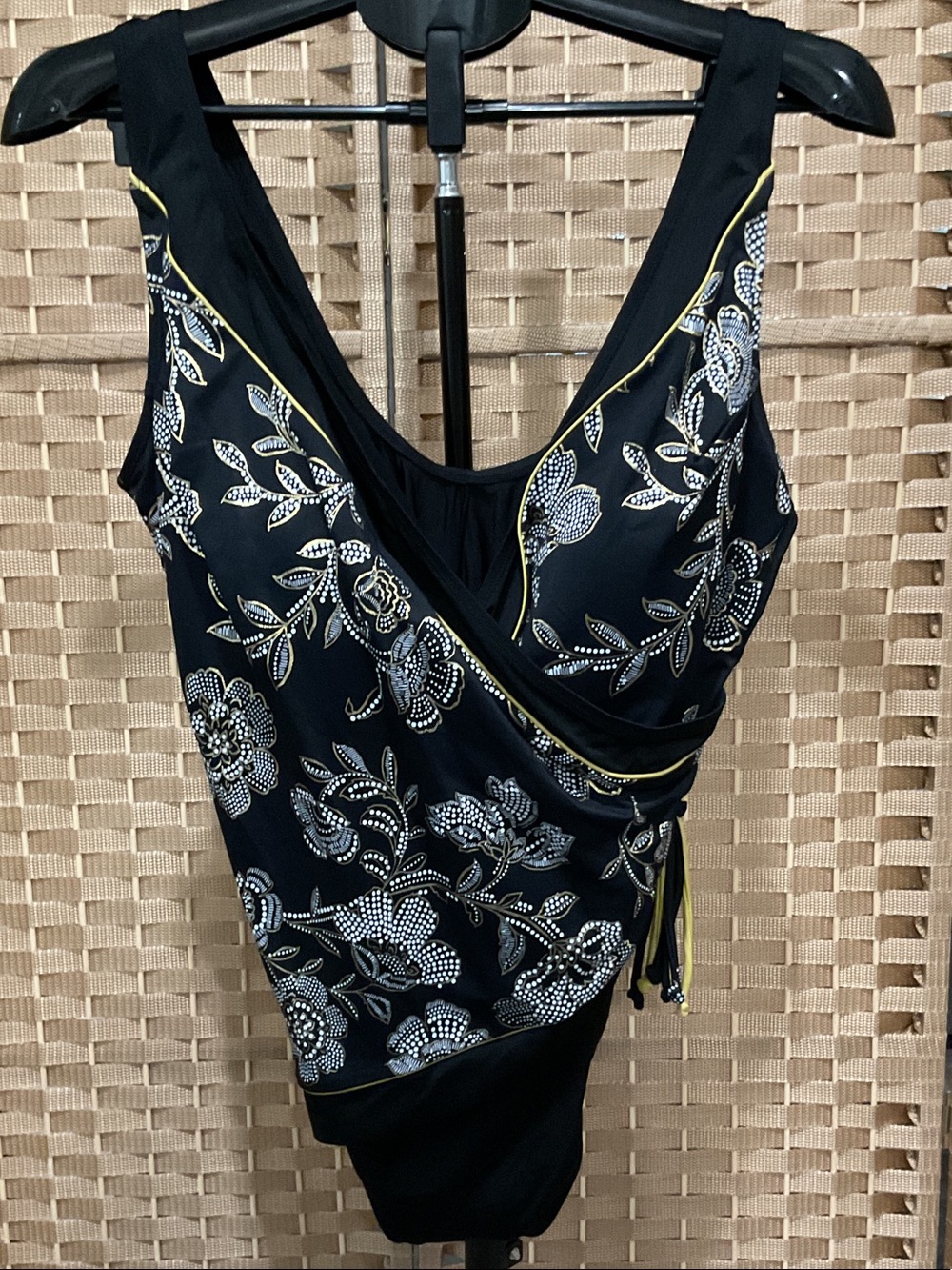 Black Floral One-Piece Swimsuit with Gold Trim